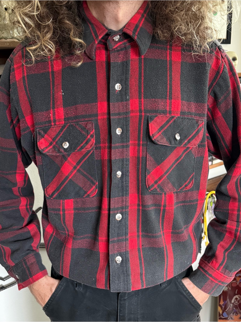 Vintage 80s 90s Red & Black Plaid Flannel ~ Size Large